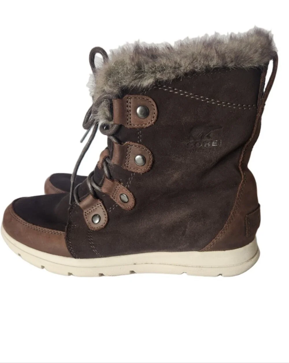 Sorel Explorer Joan Brown Faux-Fur Trim Lace-Up Winter Boots Size 10